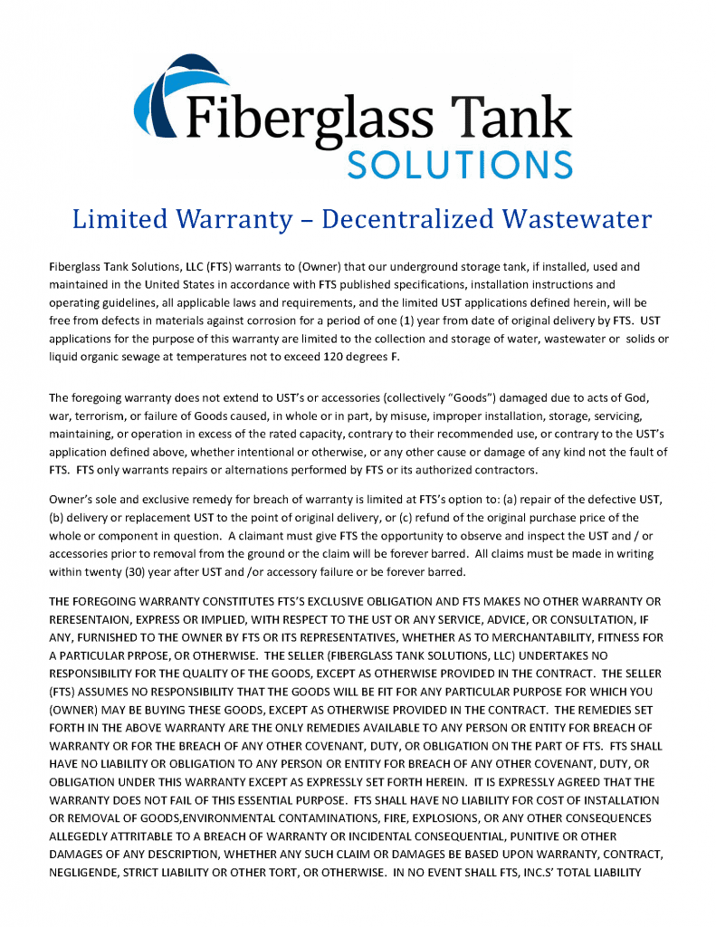 Decentrlized wastewater warranty 1yr ust page 1