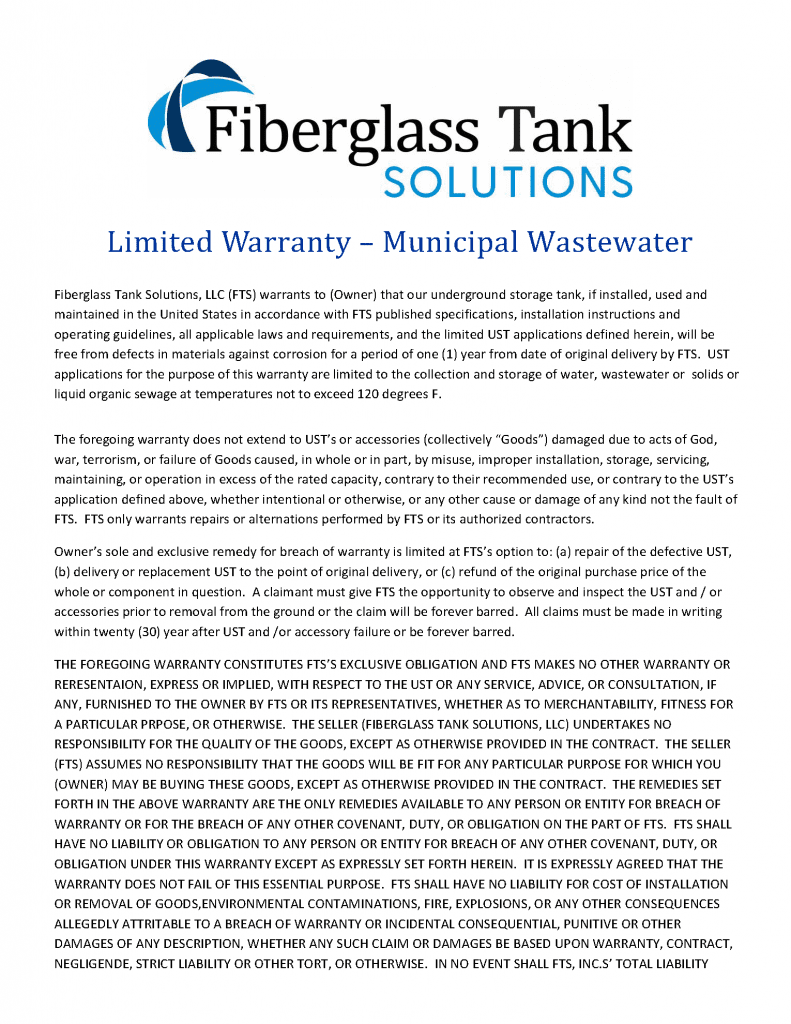 Municipal wastewater warranty 1yr ust page 1