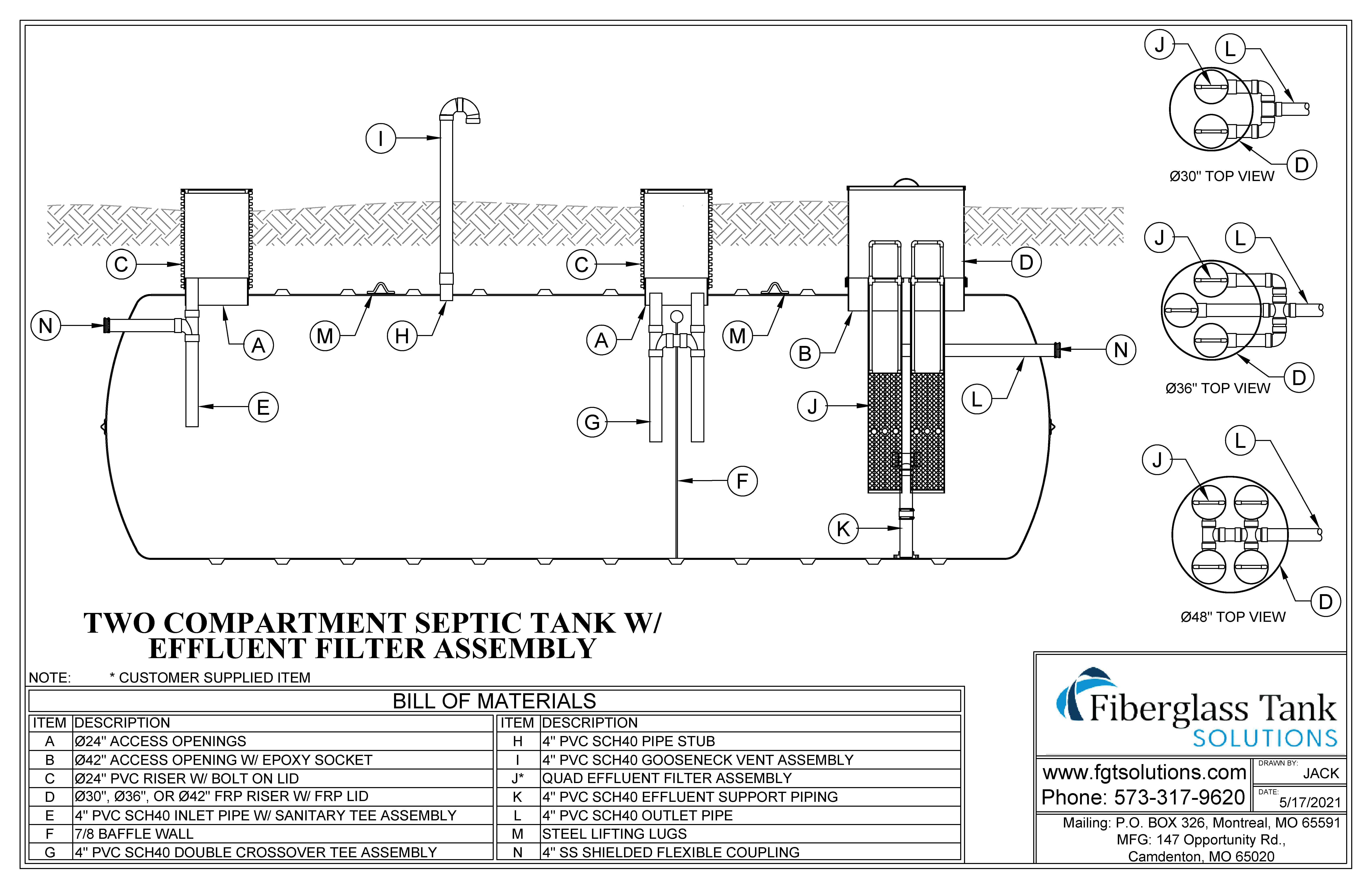 Septic / 2 Compartment w/ Duplex Effluent Filters → Fiberglass Tank
