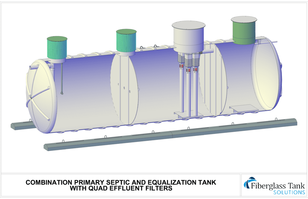 Combination primary septic and equalization tank with quad effluent fliters