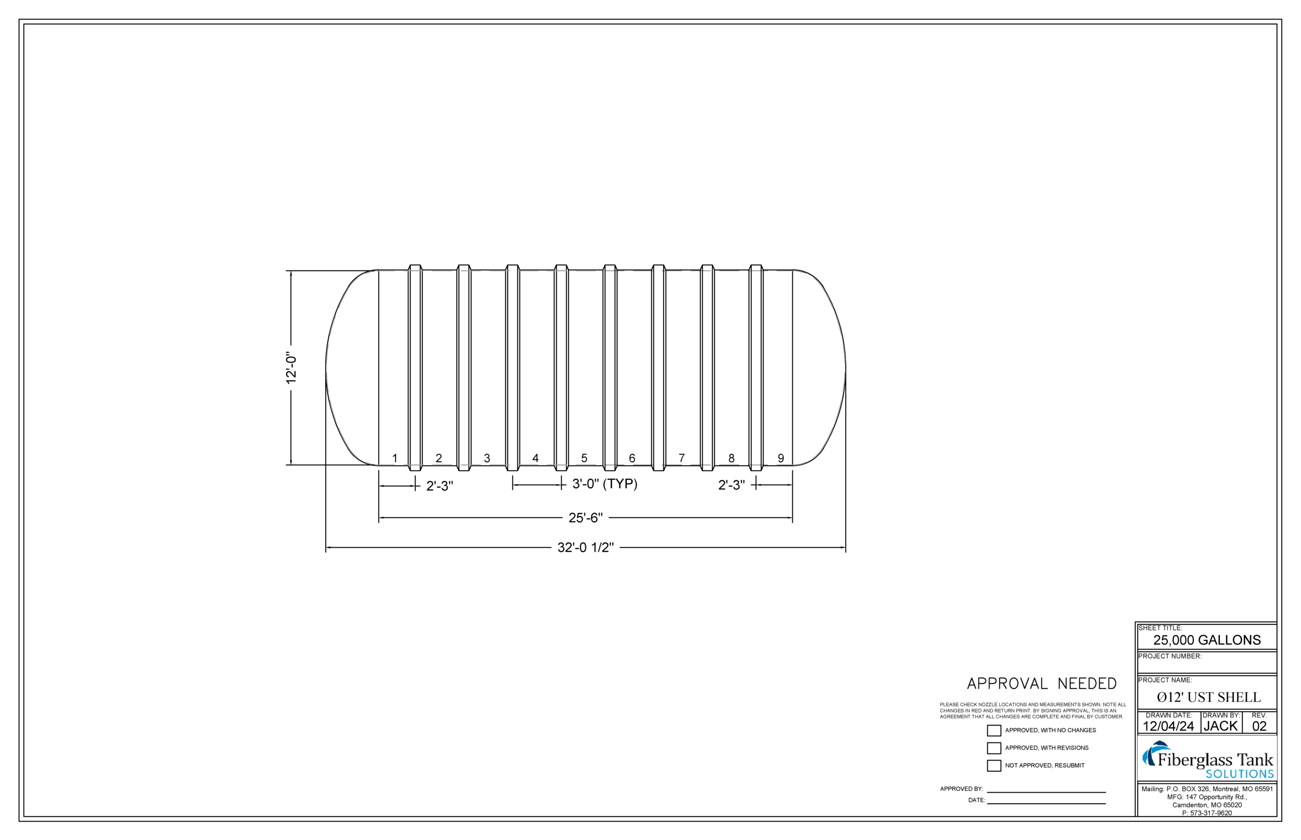 12ft X 25,000 Gal. UST Shell Drawing Picture
