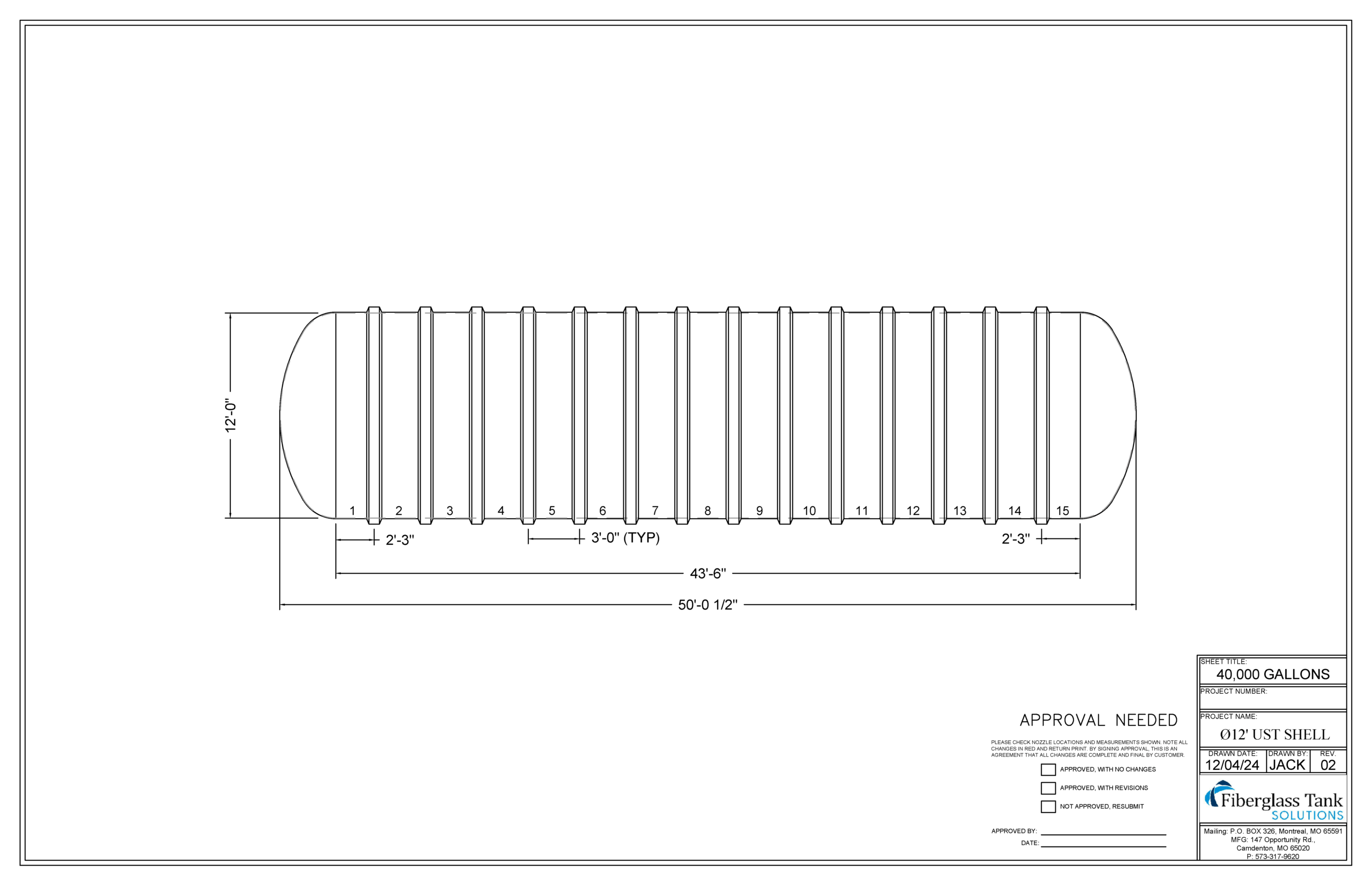 12ft X 40,000 Gal. UST Shell Drawing Picture
