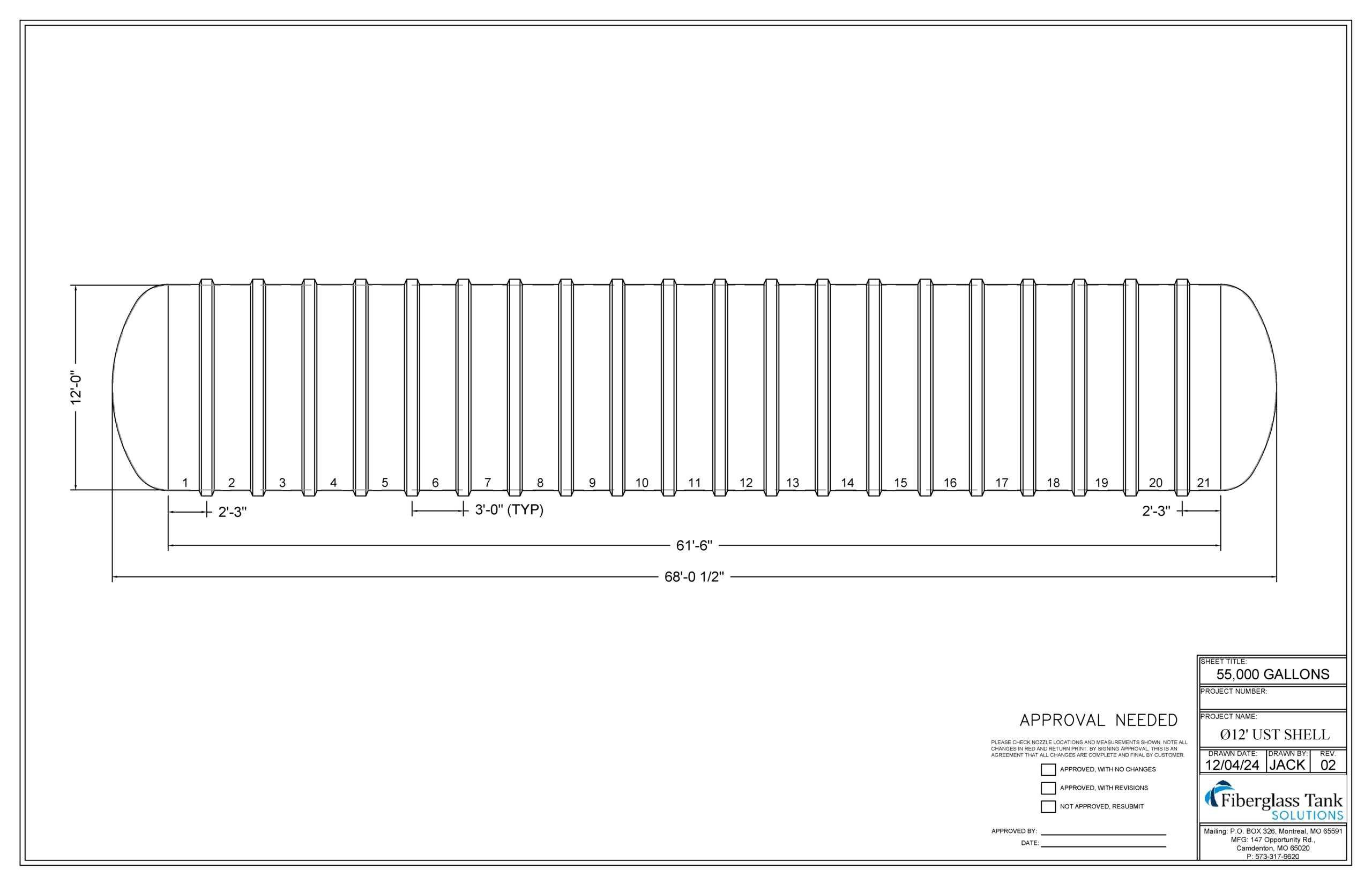 12ft X 55,000 Gal. UST Shell Drawing Picture
