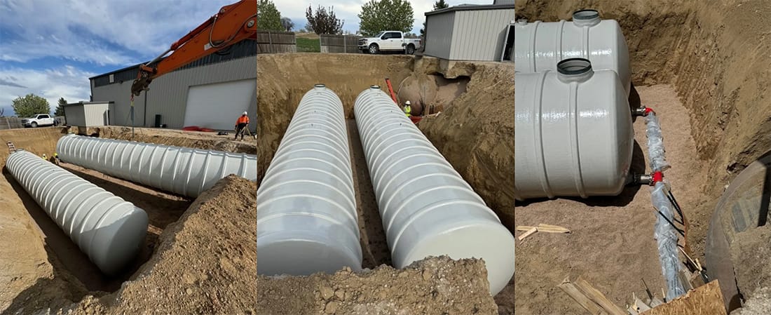 Collage of a commercial installation of two large, ribbed fiberglass underground storage tanks being placed in an excavated trench.